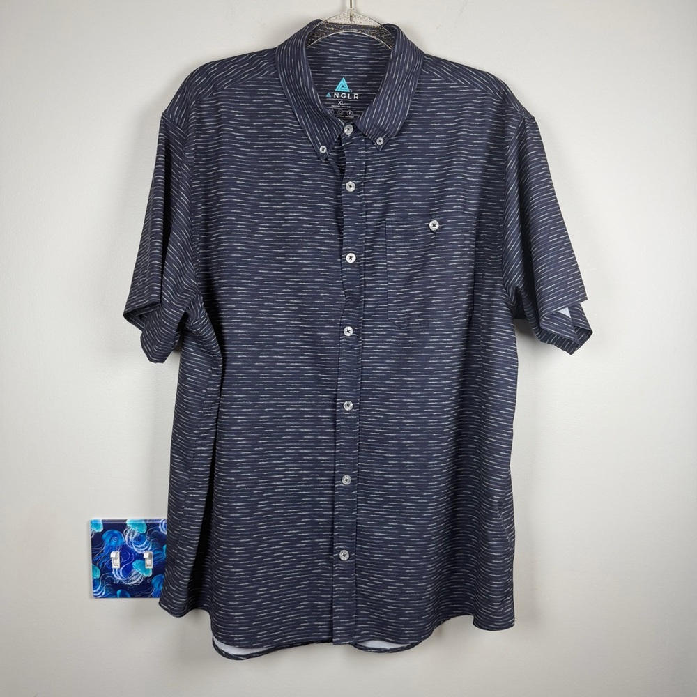 ANGLR CAST-FLX Short Sleeve Woven UPF Blue Printed Fishing Button Up Shirt XL